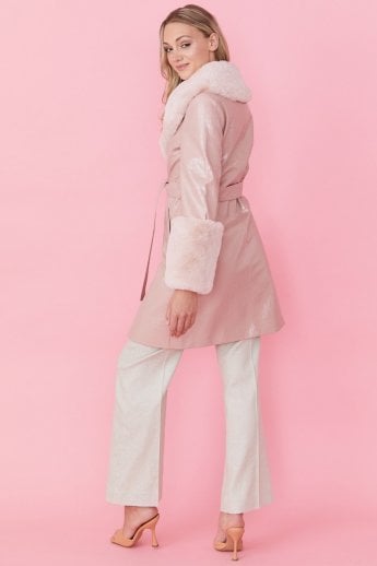 JAYLEY Pink Luxury Faux Leather Aubrey Coat With Detachable Faux Fur Cuffs & Collar
