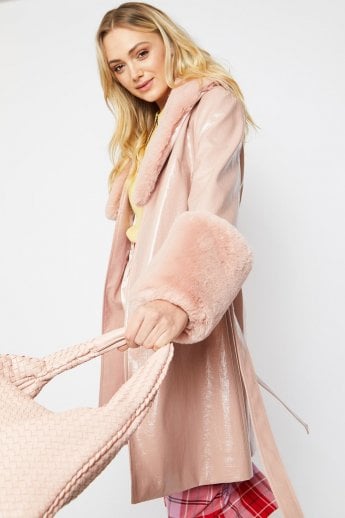 JAYLEY Pink Luxury Faux Leather Aubrey Coat With Detachable Faux Fur Cuffs & Collar