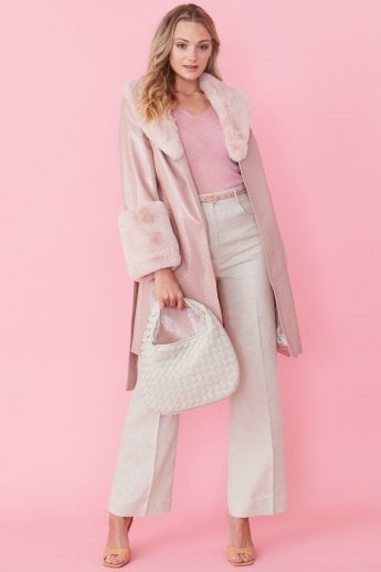 JAYLEY Pink Luxury Faux Leather Aubrey Coat With Detachable Faux Fur Cuffs & Collar