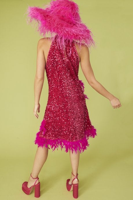 JAYLEY Pink Sequin And Feather Halter Dress With Key Hole Detail