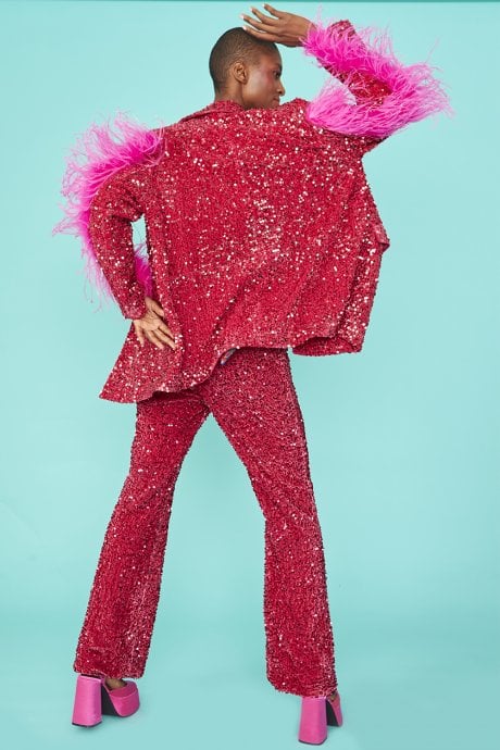 JAYLEY Pink Sequin Feather Trim Blazer