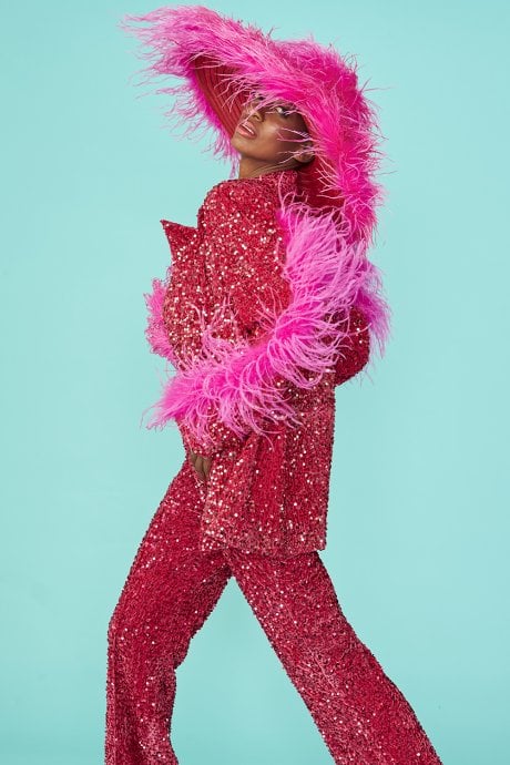 JAYLEY Pink Sequin Feather Trim Blazer