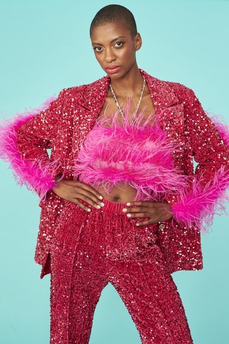 JAYLEY Pink Sequin Feather Trim Blazer