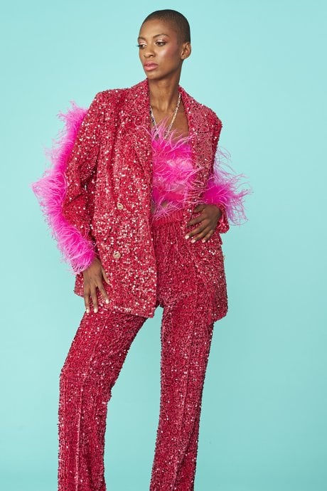 JAYLEY Pink Sequin Feather Trim Blazer