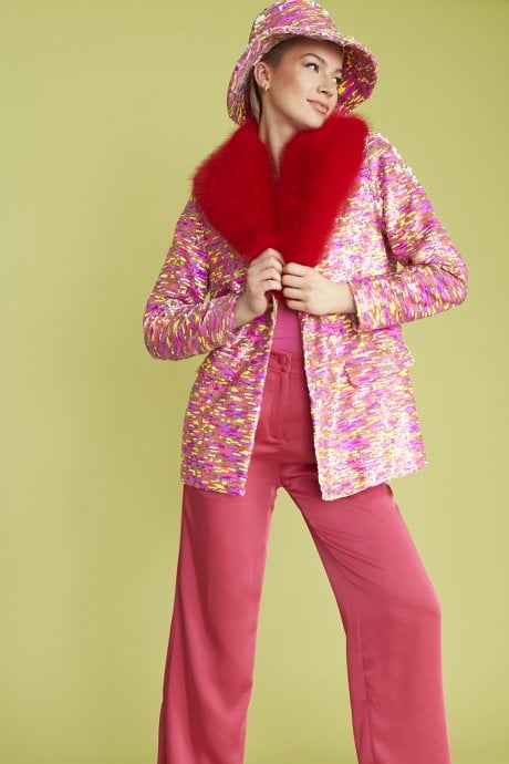 JAYLEY Pink Sequin Multi-Coloured Blazer With Red Faux Fur Collar