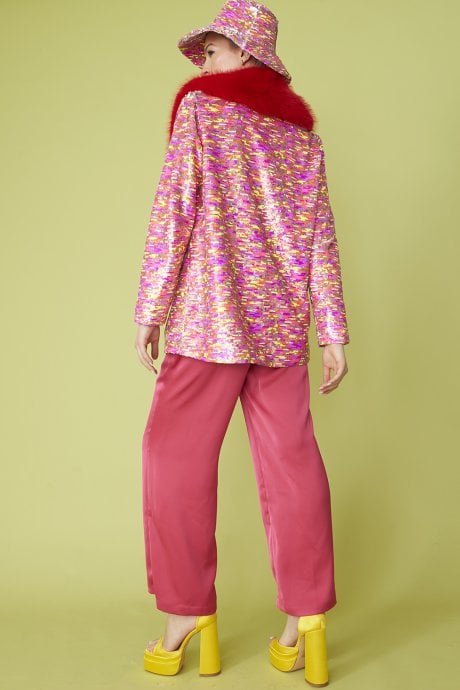 JAYLEY Pink Sequin Multi-Coloured Blazer With Red Faux Fur Collar