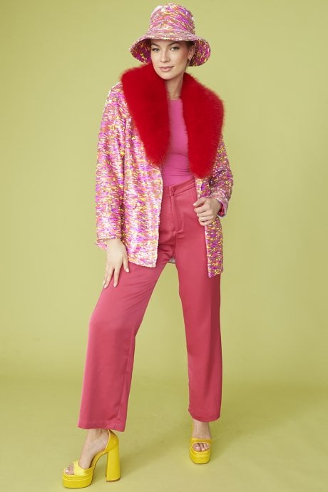 JAYLEY Pink Sequin Multi-Coloured Blazer with Red Faux Fur Collar