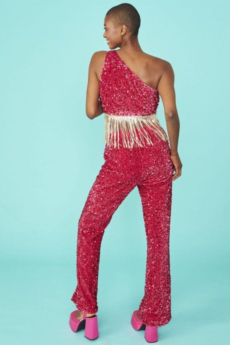 JAYLEY Pink Sequin One Shoulder Cropped Top With Sequin Tassels