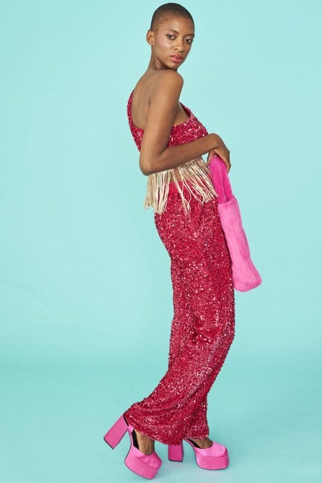 JAYLEY Pink Sequin One Shoulder Cropped Top With Sequin Tassels