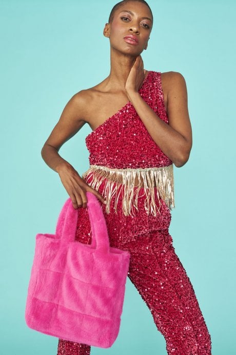 JAYLEY Pink Sequin One shoulder cropped top with Sequin Tassels