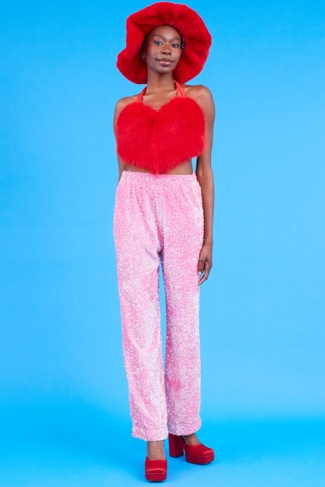 JAYLEY Pink Sequin Trousers With Elasticated Waste