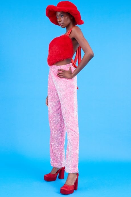 JAYLEY Pink Sequin Trousers With Elasticated Waste