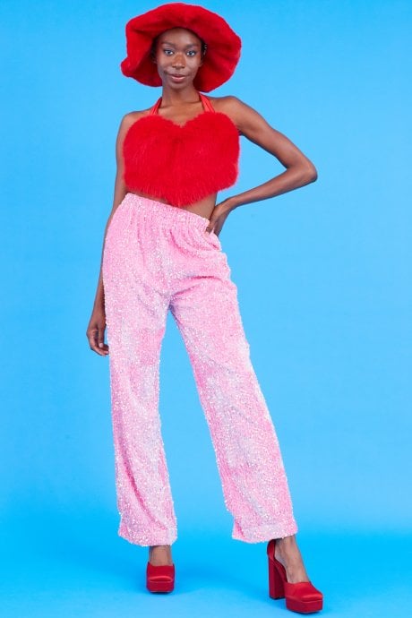 JAYLEY Pink Sequin Trousers with Elasticated Waste