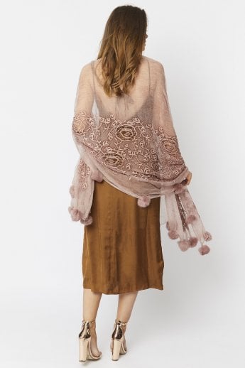 JAYLEY Pink Silk Blend Embroidery Coney Fur Pom Pom Stole