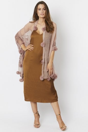 JAYLEY Pink Silk Blend Embroidery Coney Fur Pom Pom Stole