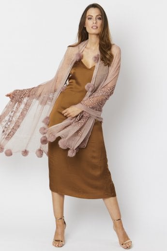 JAYLEY Pink Silk Blend Embroidery Coney Fur Pom Pom Stole