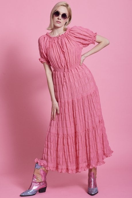 JAYLEY Pink Silk Blend Maxi Ruffle Dress