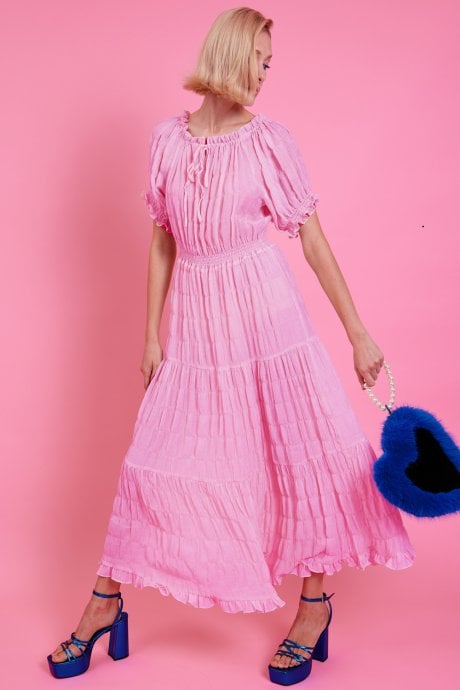 JAYLEY Pink Silk Blend Maxi Ruffle Dress
