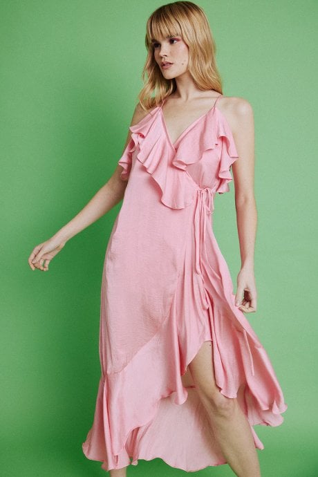 JAYLEY Pink Silk Blend Maxi Wrap Ruffle Dress