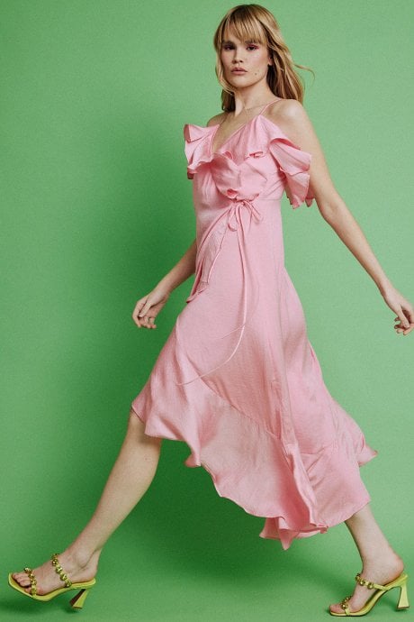 JAYLEY Pink Silk Blend Maxi Wrap Ruffle Dress
