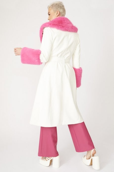 JAYLEY Pink Trench Style Belted Coat With Faux Fur Cuffs And Collar