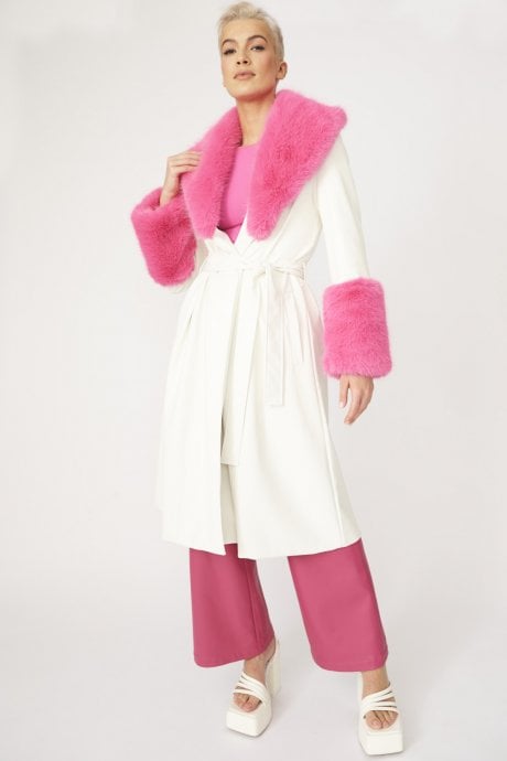 JAYLEY Pink Trench Style Belted Coat With Faux Fur Cuffs And Collar