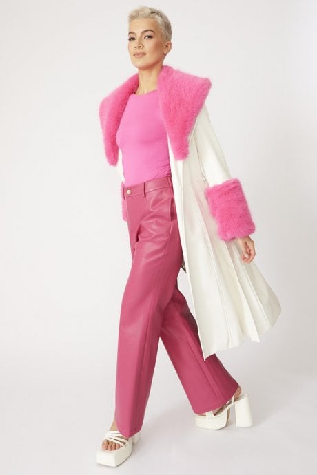 JAYLEY Pink Trench Style Belted Coat With Faux Fur Cuffs And Collar