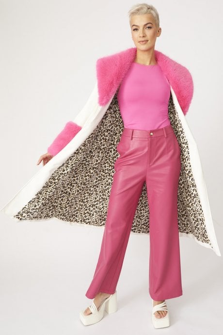 JAYLEY Pink Trench Style Belted Coat with Faux Fur Cuffs and Collar