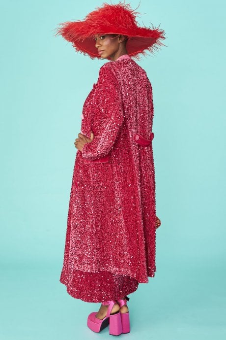 JAYLEY Pink Velvet Sequin Trench Coat