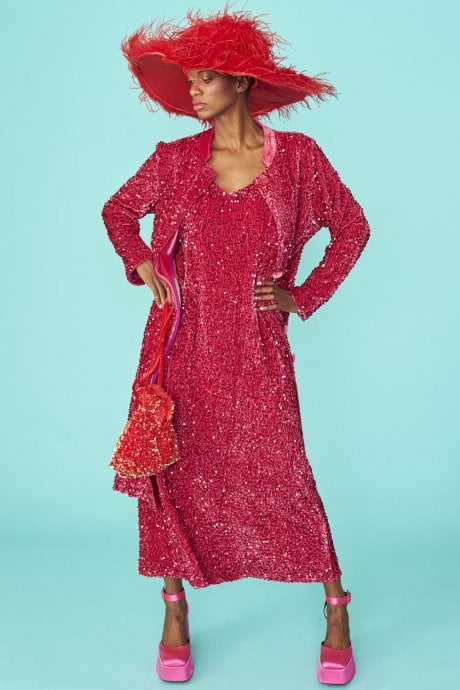 JAYLEY Pink Velvet Sequin Trench Coat