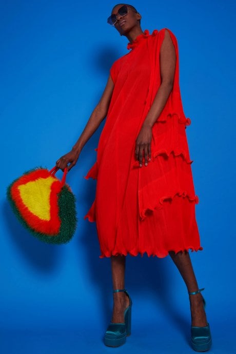 JAYLEY Pleated Maxi Dress With Adjustable Shoulders And Ruffle Hem