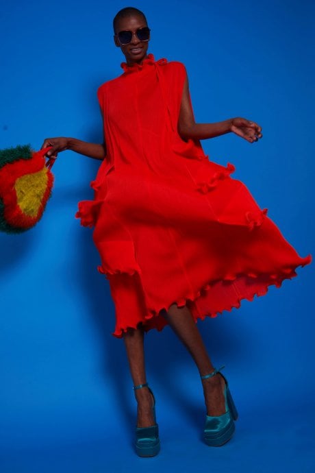 JAYLEY Pleated Maxi Dress with Adjustable Shoulders and Ruffle Hem