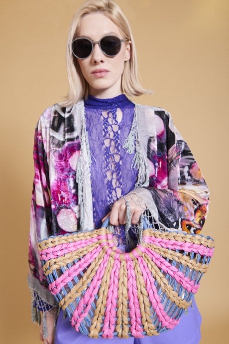 JAYLEY Purple And Pink Straw Half Moon Beach Bag