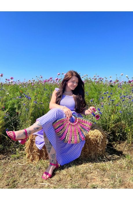 JAYLEY Purple And Pink Straw Half Moon Beach Bag