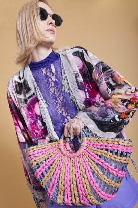 JAYLEY Purple and Pink Straw Half Moon Beach Bag