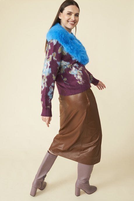 JAYLEY Purple Banana Peel Floral Cardigan With Blue Faux Fur Collar