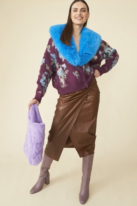 JAYLEY Purple Banana Peel Floral Cardigan With Blue Faux Fur Collar