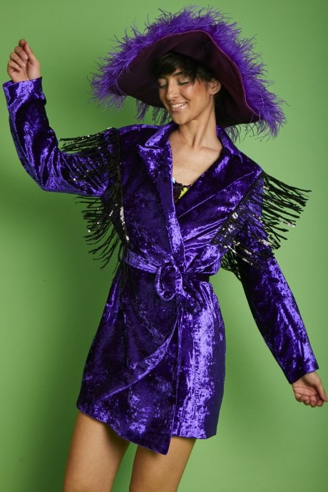 JAYLEY Purple Crushed Velvet Blazer Dress With Sequin Tassels