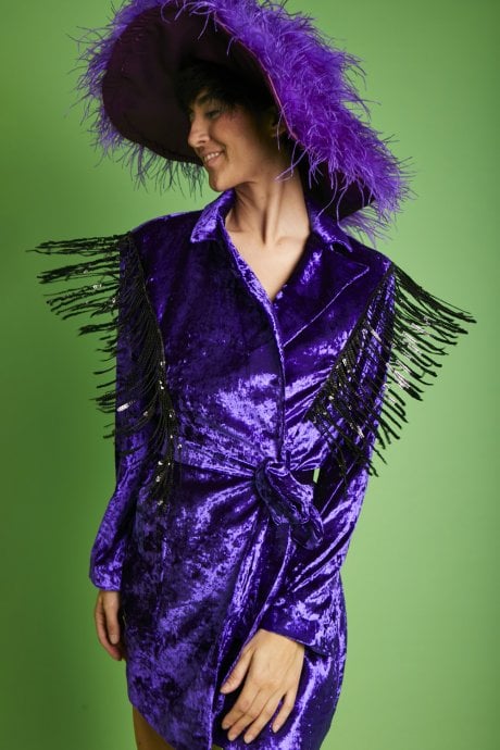 JAYLEY Purple Crushed Velvet Blazer dress with Sequin Tassels