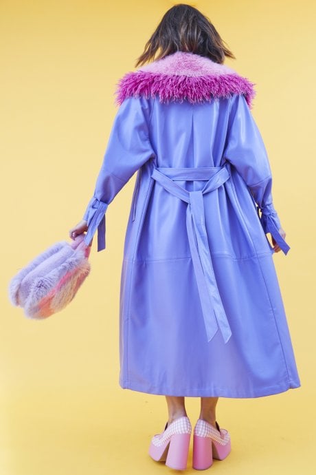 JAYLEY Purple Eco Leather Faux Fur Collar Trench Coat