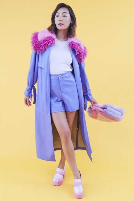 JAYLEY Purple Eco Leather Faux Fur Collar Trench Coat