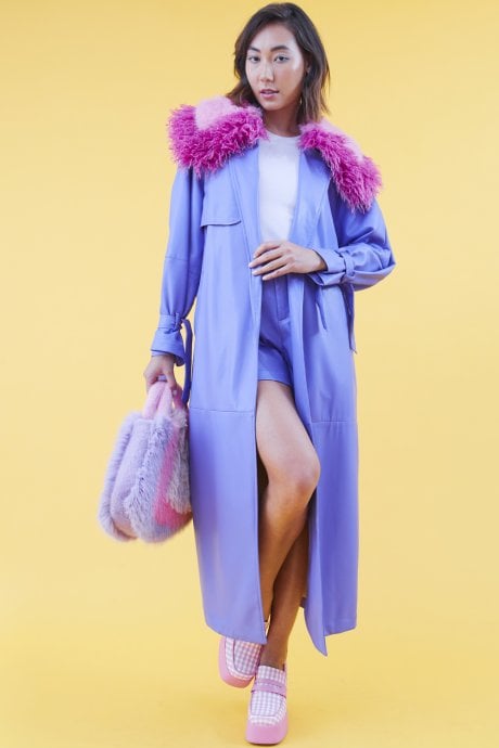 JAYLEY Purple Eco Leather Faux Fur Collar Trench Coat