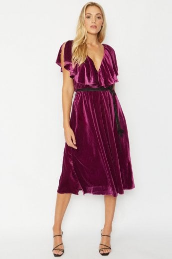 JAYLEY Purple Frill Front Velvet Skater Midi Dress