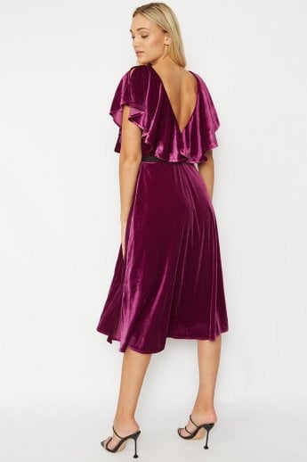 JAYLEY Purple Frill Front Velvet Skater Midi Dress
