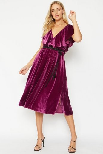JAYLEY Purple Frill Front Velvet Skater Midi Dress