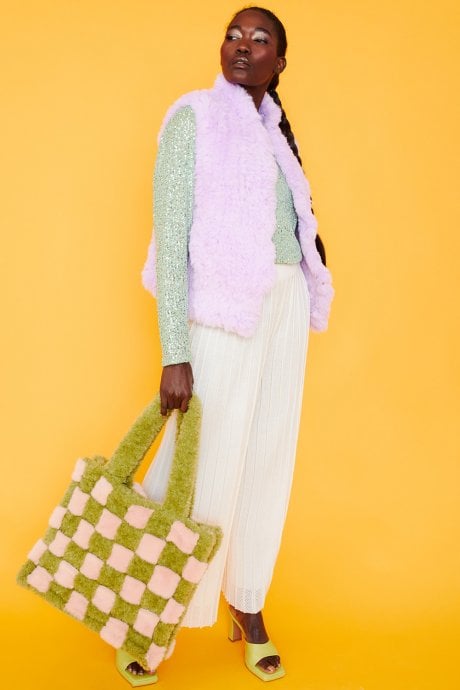 JAYLEY Purple Hand Knitted Faux Fur Gilet | Waistcoat