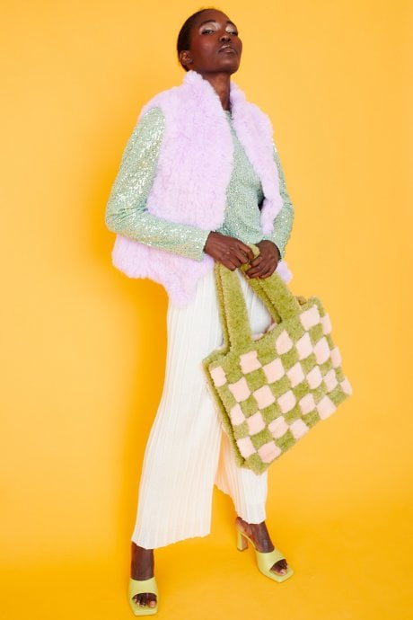 JAYLEY Purple Hand Knitted Faux Fur Gilet | Waistcoat