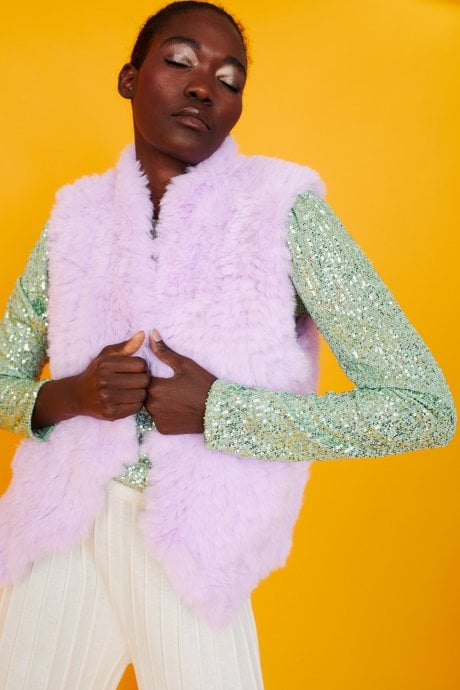 JAYLEY Purple Hand Knitted Faux Fur Gilet | Waistcoat