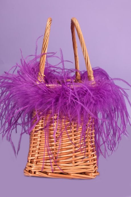 JAYLEY Purple Hand Made Salines Straw Bag With Ostrich Feather