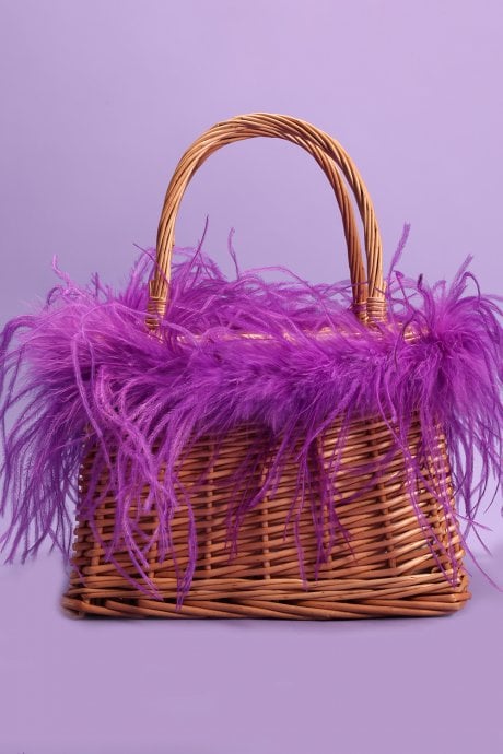 JAYLEY Purple Hand Made Salines Straw Bag With Ostrich Feather